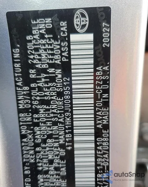 2018 Toyota Camry L z USA, uszkodzony, nr VIN 4T1B11HK9JU089512